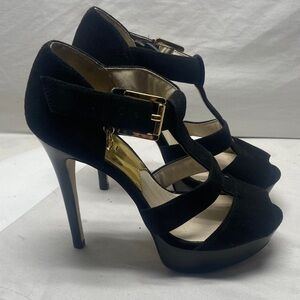 Michael Kors Black Strappy Heels with Gold Accents 6